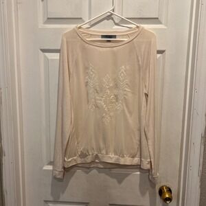 Ruff Hewn Grey Womens Cream Embroidered Raglan Long Sleeve Top Large